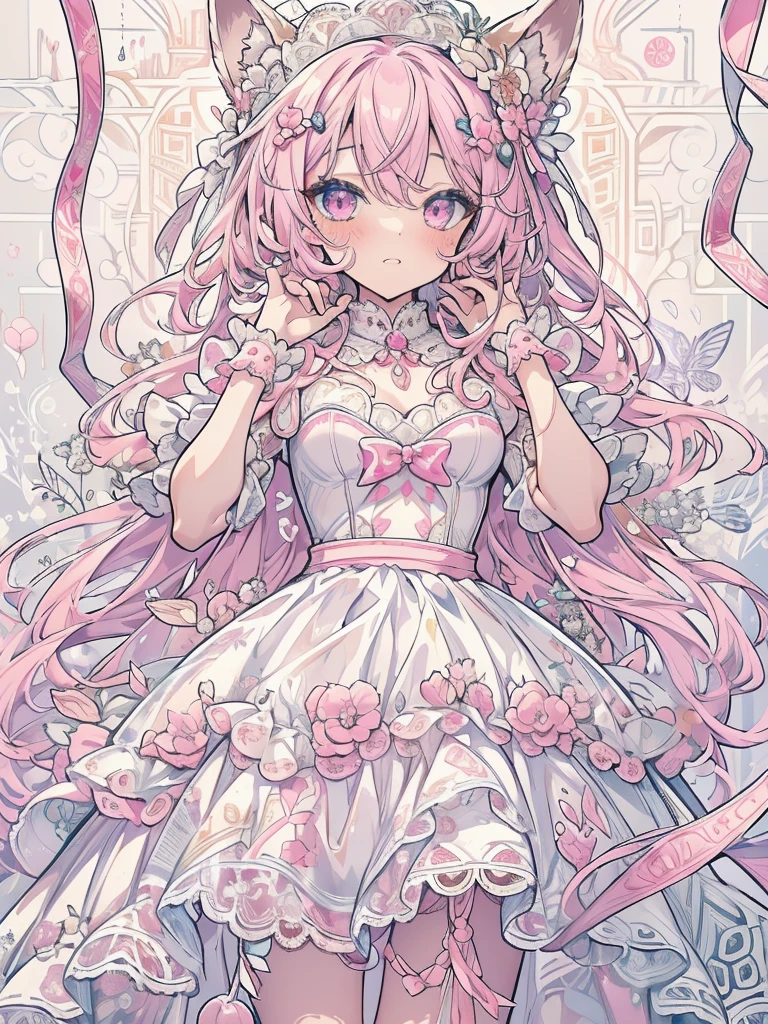 (masterpiece, insanely detailed, exquisite, beautiful, Full-HD, highres, absurdres, high quality,High resolution, 16k), long pink hair, cat ears, pink eyes, anime girl, full body, blushing, heavy blush, looking at viewer, ((white and pink ball gown dress:1.1, pure white lace and frills,dress with motif of ribbons)), hair ornaments, frilly wrist cuffs, frilly collar, frills, (((full body, depicts whole body, full body portrait, whole body))), dungeon background