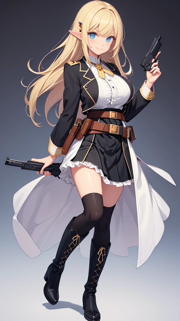  no background,Upright full body image of an adult female tall elf,Shoulder-length blonde shorthair ,large hair clip on the right side of the bangs, The color of the hair clip is black ,Ahoge, white skin, blue eyes ,((Big Breasts)),(( Black Blazer , Black Ruffle Skirt, Black Knee Socks ,Two handguns on a lumbar gun belt, long boots for stepping on bread)),smile, Fantasy ,I have nothing in my hands