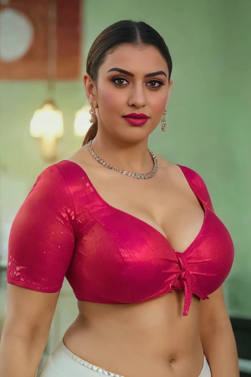 extreme close up photo of  kiara, curvy, hourglass figure, swooping breasts, deep cleavage, seductive eyes, look at viewer,standing in kitchen,big brest, huge breast, big bulging ass, huge ass,necklace,red low neck blouse,glossy reflective shining white leggings, red lips, sultry, ponytail, (cinematic:1.3), intricate details, (ArtStation:1.2),