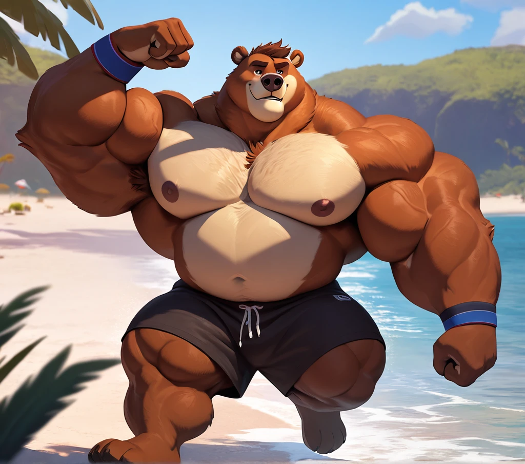 huge muscular kodiak bear in Tropical island beach, big grr, kodiak bear, huge brown fur, thick arm, huge arm, huge white fur, thick arm, huge arm, added brown mustache, added brown beard, short hair, height: 220cm, weight: 440lbs, (veiny bulked up muscular, pectoral, wide pectoral, thick bulky arms), Walt Disney 2D Zootopia Animation Art Style, detailed light brown eyebrows, detailed eyes with red pupils, (wearing black shorts, wristbands, shirtless, topless and feet), bouncing his pecs, flexing his biceps and his thorax