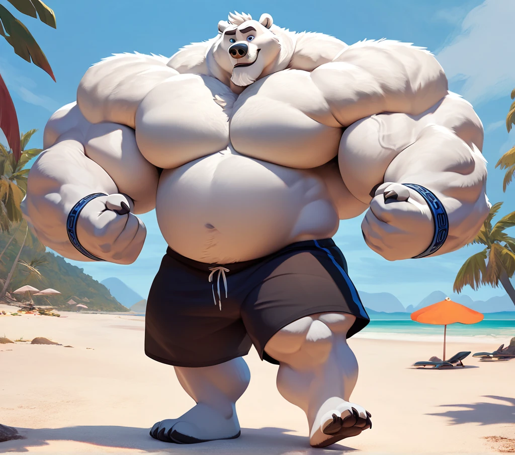 huge muscular polar bear in Tropical island beach, big grr, polar bear, huge white fur, thick arm, huge arm, huge white fur, thick arm, huge arm, added gray mustache, added gray beard, short white hair, height: 220cm, weight: 440lbs, (veiny bulked up muscular, pectoral, wide pectoral, thick bulky arms), Walt Disney 2D Zootopia Animation Art Style, detailed gray eyebrows, detailed eyes with blue pupils, (wearing black shorts, wristbands, shirtless, topless and feet), bouncing his pecs, flexing his biceps and his thorax