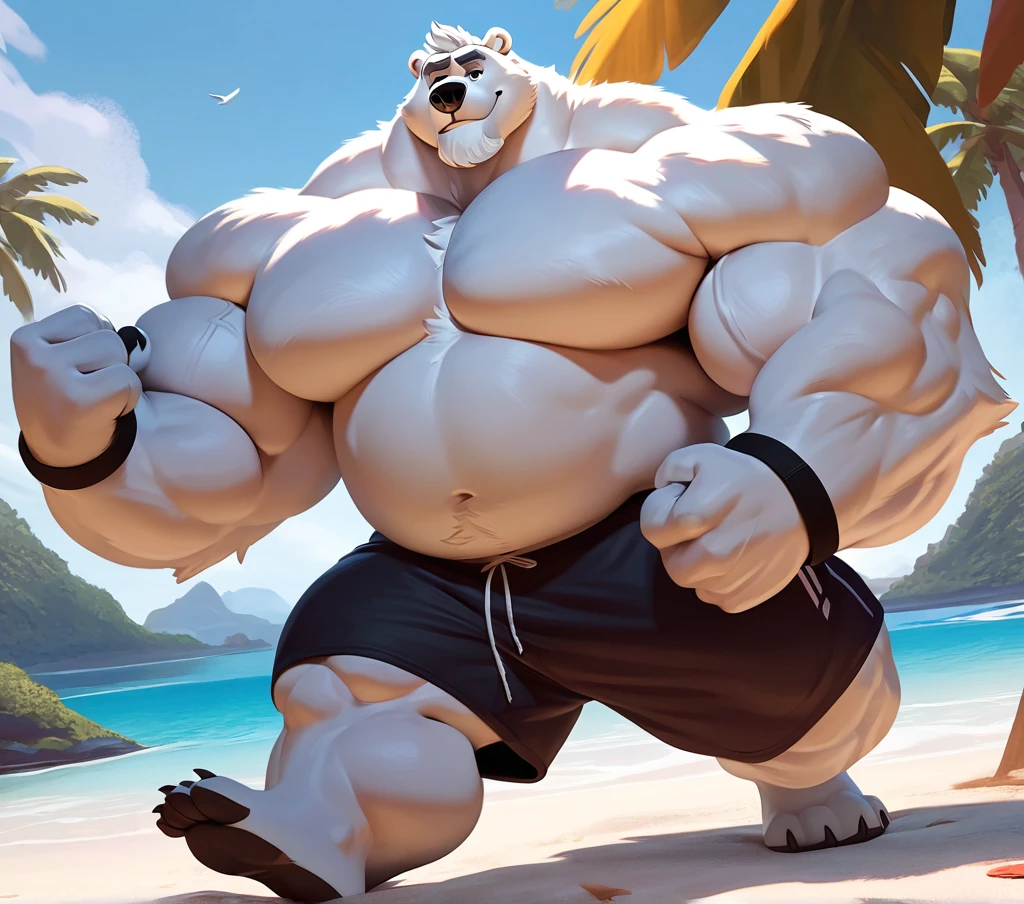 huge muscular polar bear in Tropical island beach, big grr, polar bear, huge white fur, thick arm, huge arm, huge white fur, thick arm, huge arm, added gray mustache, added gray beard, short white hair, height: 220cm, weight: 440lbs, (veiny bulked up muscular, pectoral, wide pectoral, thick bulky arms), Walt Disney 2D Zootopia Animation Art Style, detailed gray eyebrows, detailed eyes with blue pupils, (wearing black shorts, wristbands, shirtless, topless and feet), bouncing his pecs, flexing his biceps and his thorax