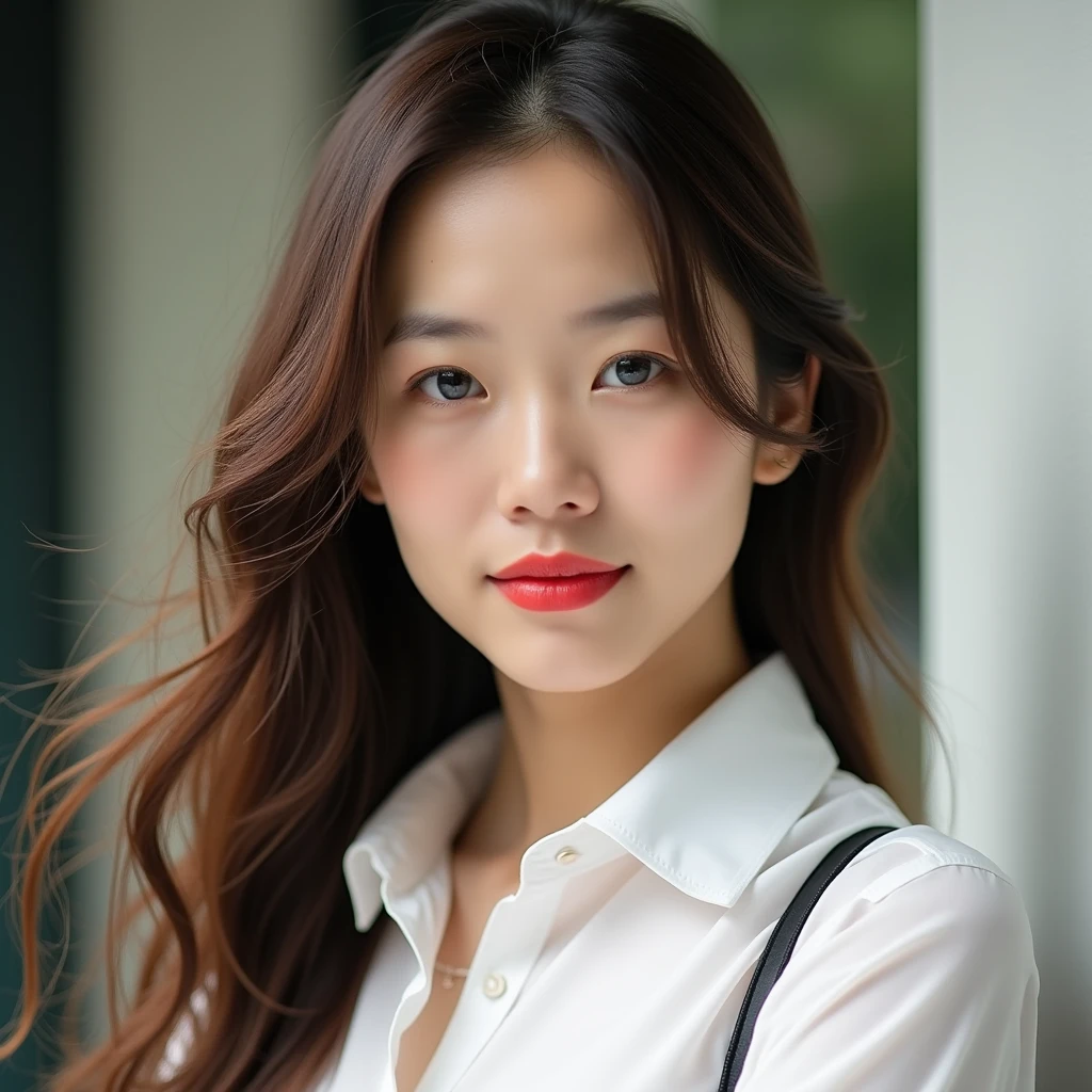 A realistic portrait of an East Asian woman 、long,   wavy brown hair ,  is wearing a white shirt .  long , A little messy hair ,  The blurred background is partially falling on her face .  Alluding to an outdoor setting ,  彼女teeth片手を頭に置いて座っています {x}  creates strong female features and relaxed poses with piercing light blue eyes、The alluring contrast of the bold red lipstick against her pale complexion {x}.   the background is blurry  ,  teeth、 Soft  , Natural Light.  彼女の表情teeth強烈で瞑想的です ,  Portrait of a slender East Asian woman 