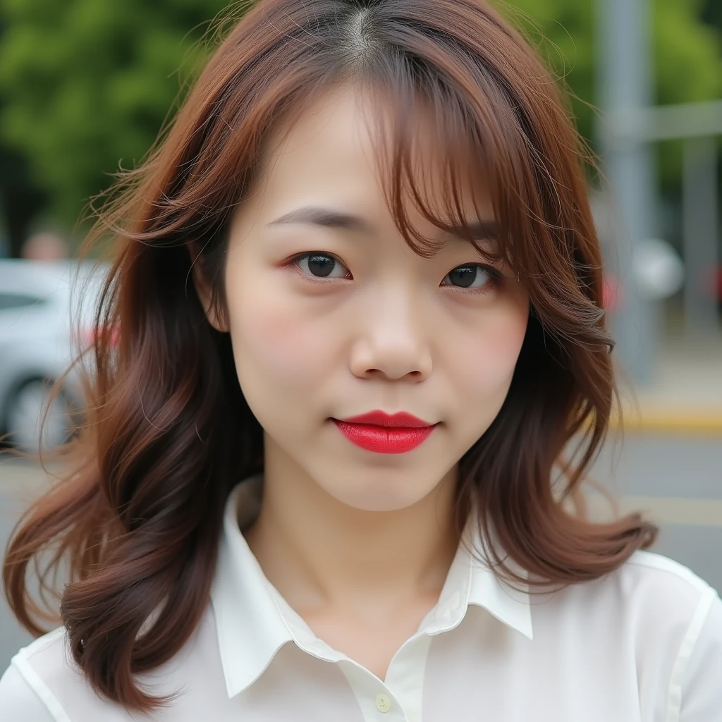 A realistic portrait of an East Asian woman 、long,   wavy brown hair ,  is wearing a white shirt .  long , A little messy hair ,  The blurred background is partially falling on her face .  Alluding to an outdoor setting ,  彼女teeth片手を頭に置いて座っています {x}  creates strong female features and relaxed poses with piercing light blue eyes、The alluring contrast of the bold red lipstick against her pale complexion {x}.   the background is blurry  ,  teeth、 Soft  , Natural Light.  彼女の表情teeth強烈で瞑想的です ,  Portrait of a slender East Asian woman 