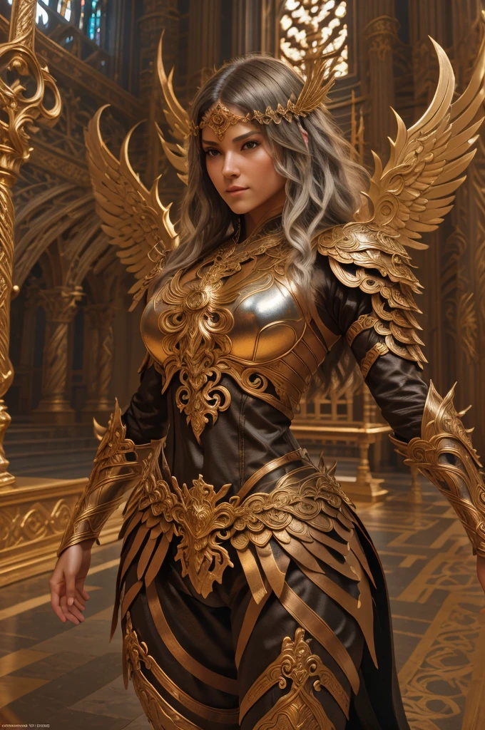 Create a photo of a strong and determined looking angelic warrior with long, translucent silver hair that falls softly to the ground. She wears highly detailed, embossed, iridescent armor that highlights her large breasts, shoulders, and arms, with additional protection. The armor is of an elaborate, medieval design, with intricate carvings that indicate great artistic skill in its creation. The warrior also wears a majestic cape of brown bearskin that subtly catches the light. In her right hand, she holds an ornate spear with a sharp blade and cross-shaped guards, reflecting her celestial and combative nature. The background is the ruins of a religious building, which is dimly lit, but there is a warm spotlight that highlights the figure, giving a dramatic and powerful aspect to the scene, suggesting that she is inside a cathedral or sacred hall., small, Danish Pastel, Gamine, Fisheye, ArchViz rendering, Depth of field, Game icon, Black colors, Grandparentcore, Museum lighting, Intricate details Hyper-realistic Finely detailed Ultra-realistic Tonal colors Octane rendering 8k