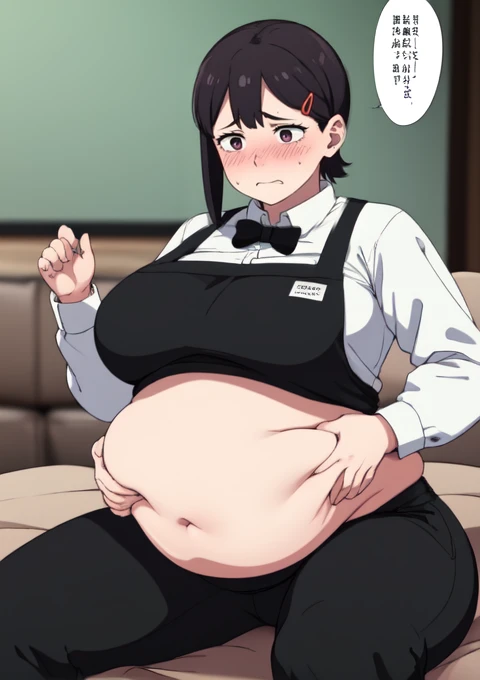 (masterpiece, best quality), 1girls, big belly, blurry background, huge belly, art by kipteitei, round belly, chubby, curvy, short hair, hair pin, black hair, kobeni, black pants, in a living room , gradient_background, belly bursting out of white button down shirt,(((black apron, wearing black bow tie, white button up shirt, black suit pants, her pants have holes in them))), long sleeves, wearing a black bow tie, enormous belly, fat belly, thicc, bigger belly, really big belly, jiggly belly, giant huge belly, big enormous belly, ((((gigantic belly)))), bloated belly, fat belly, ginormous big belly, expanding big belly, sfw, safe for work, sitting on a sofa, sfw (safe for work), kobeni, (((she has an expression of embarrassment, she is nervous))), sweating, blushing, ((she is grabbing her belly)), exposed midriff 