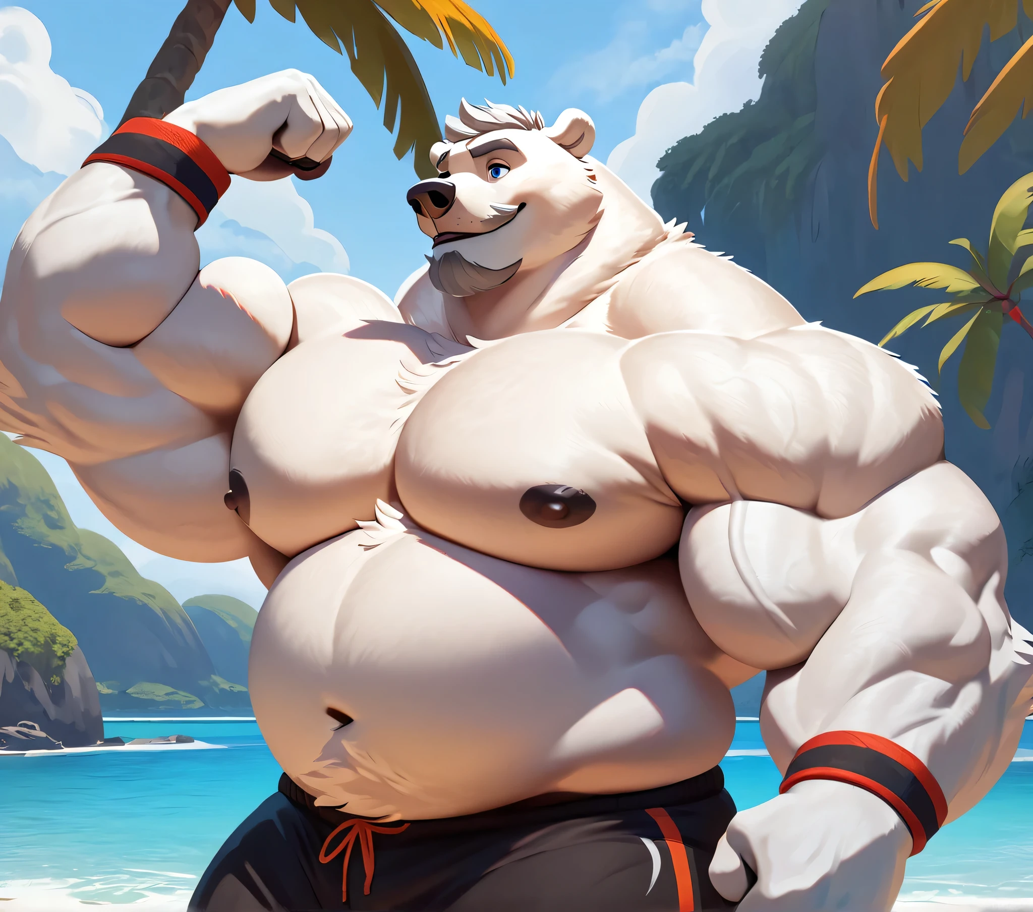 huge muscular polar bear in Tropical island beach, big grr, polar bear, huge white fur, thick arm, huge arm, huge white fur, thick arm, huge arm, added gray mustache, added gray beard, short white hair, height: 220cm, weight: 440lbs, (veiny bulked up muscular, pectoral, wide pectoral, thick bulky arms), Walt Disney 2D Zootopia Animation Art Style, detailed gray eyebrows, detailed eyes with blue pupils, (wearing black shorts, wristbands, shirtless, topless and feet), bouncing his pecs, flexing his biceps and his thorax