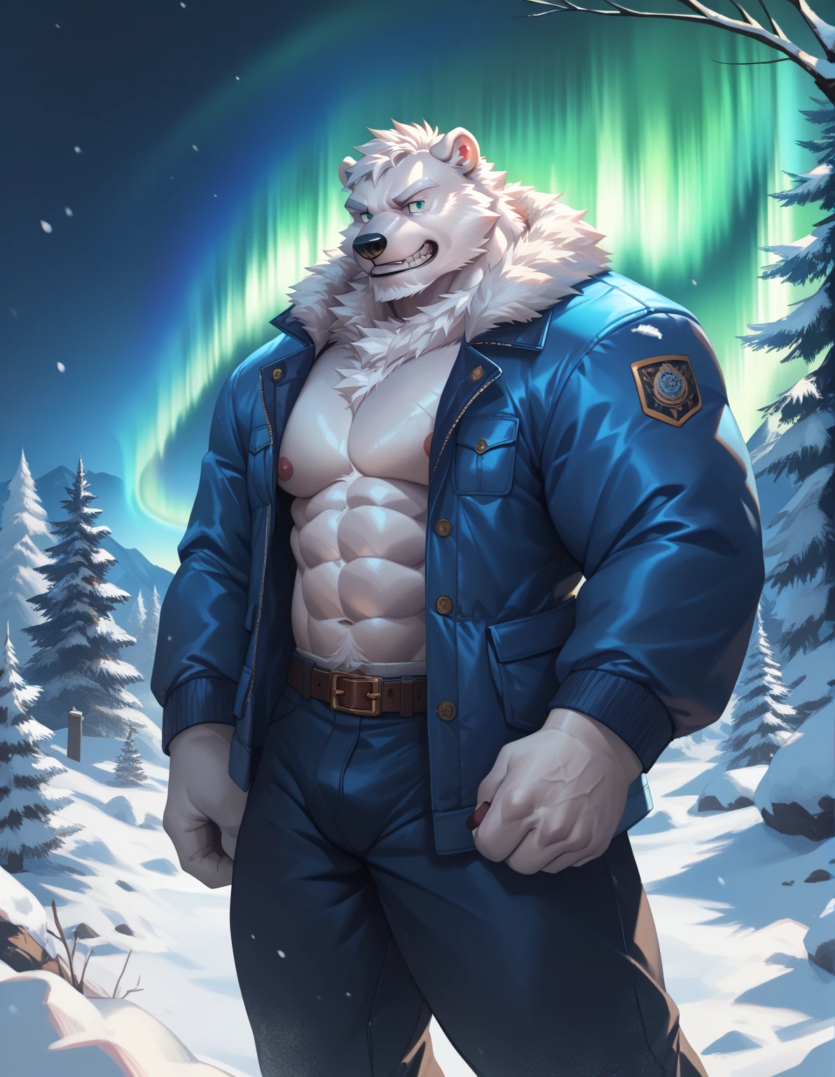 lindong, semirealistic:1.3, snow, Atlantic, night, aurora borealis, furry polar bear, white furr, pants, belt, standing, muscular, mass, old