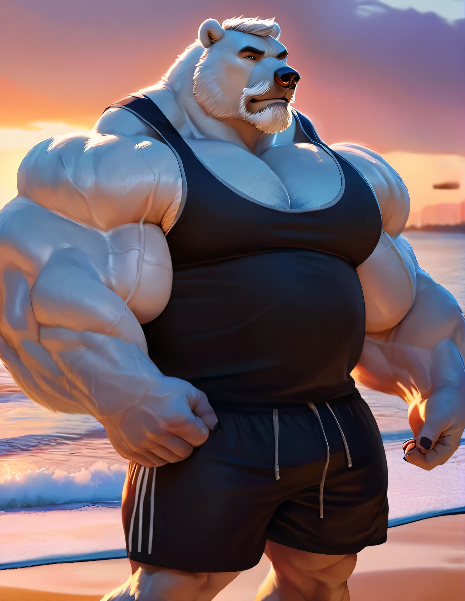 huge muscular polar bear in muscle beach, big bulk workout, grunting noise, polar bear, huge white fur, thick arm, huge arm, added gray mustache, added gray beard, Short white hair, weight: 350lbs, (veiny muscular, veiny pectoral, wide pectoral, thick arms), beach, palm, sunset, realistic, 8k, masterpiece, gray eyebrows added, added eyes with blue pupils, (wearing black gym shorts, black wristbands, black gym tank top, black socks and black gym shoes),