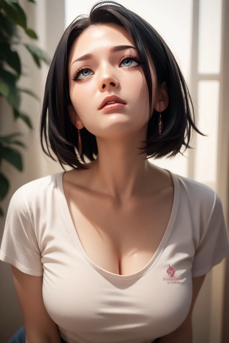 1 girl, sexy look,  looking up, shirt written: Queen of ID , black hair, medium eyes, big chest, sexy, out,  thin, seducing