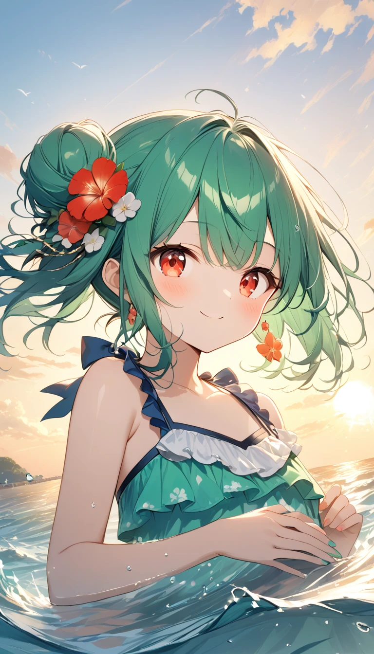 (((Young Girl)))、(( 1 girl)),( Red Eyes),（Short stature）,(( emerald green hair ))、( bun hair )、Young appearance、(( swimsuit))、In the water、One side of the sea、(((Girl ride on the beach float)))、Vector art、spirit of the wind、Backlight、Bright in backlight、Sun behind、Summer sky、cumulonimbus、Narrowed eyes and a happy look、cheek、The waves splash and the water shines beautifully.