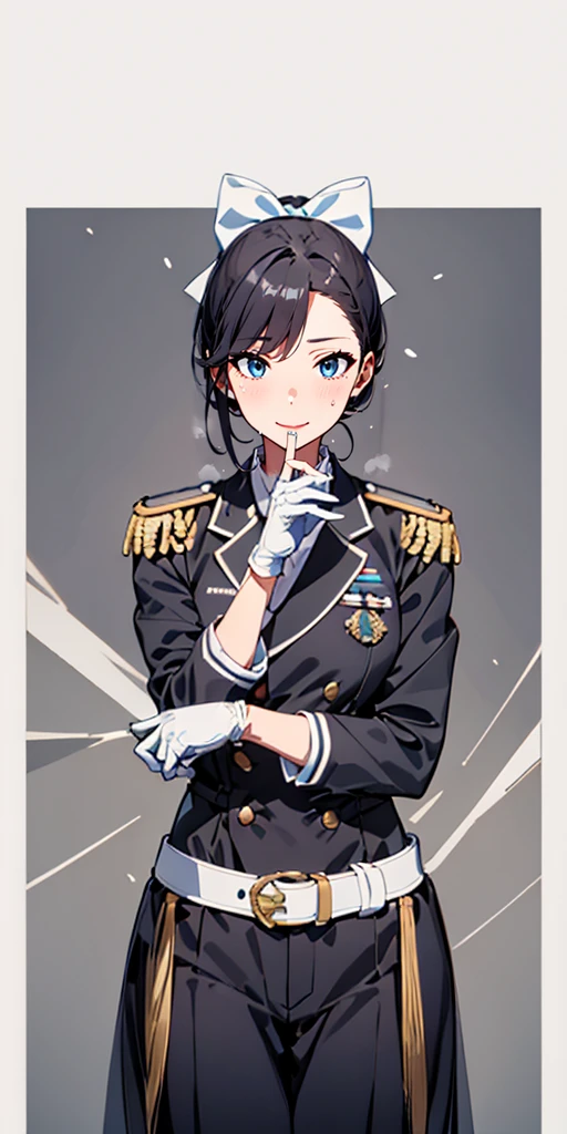 Gloves, Kaohsiung_(Azul_Lane), White_Gloves, 1 Girl, White_bow, uniform, belt, army,  unique, hair_bow, bow, army_uniform, brown_Eye, Ponytail, black_hair, Epaulettes, black_jacket, pants, Check_exist_Check者, Adjustment_Gloves, cod, Long_sleeve,  bangs, cowboy_shooting, closure_Mouth, jacket, Mouth唇, White_belt, black_pants, White_ribbon, Buttons, belt_Buckle, army_jacket, grey_background,