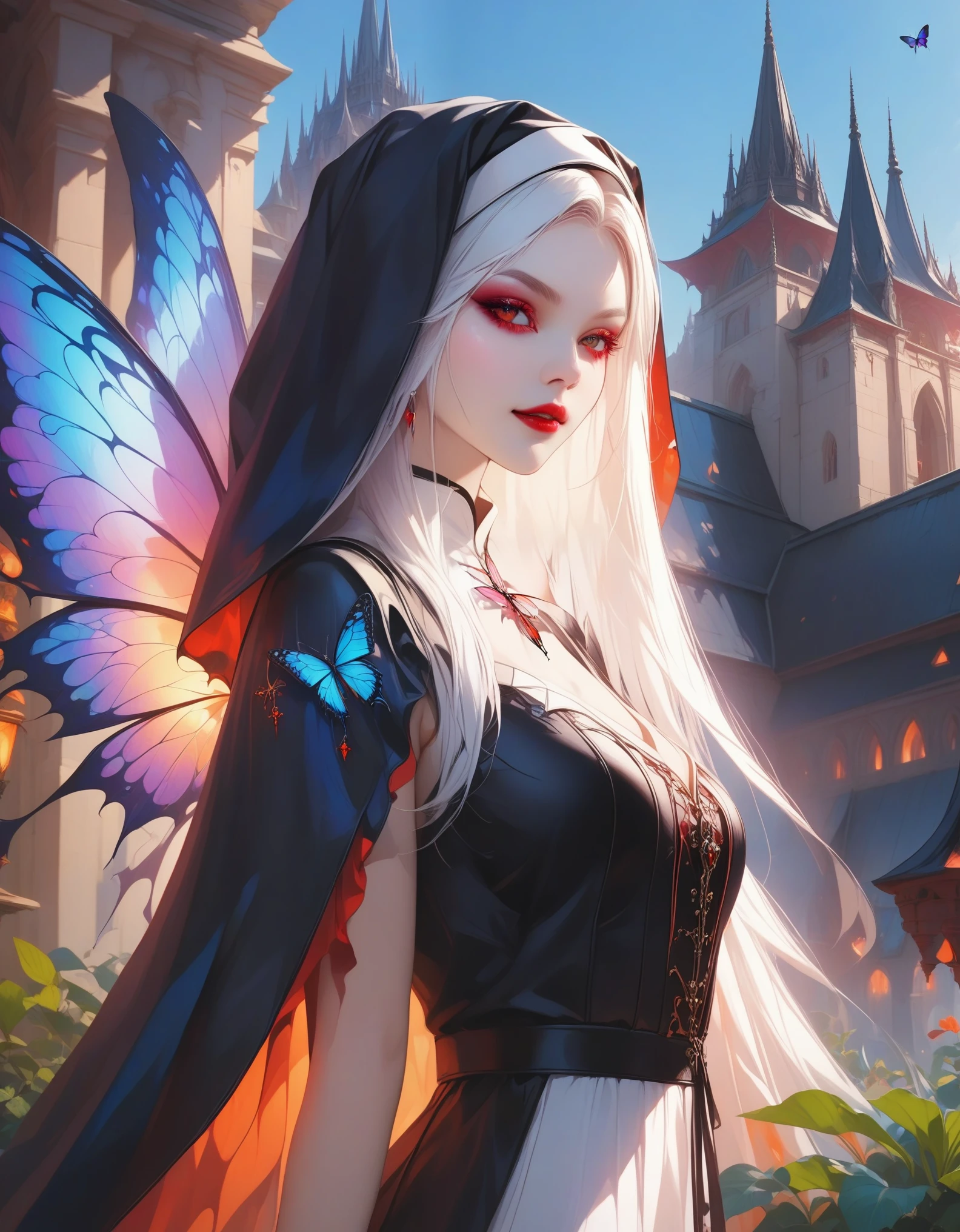 close-up, 1girl, solo, vampire (nun), serene smile, (glowing colorful butterfly wings), (exotic flowing habit adorned with runes:1.2), tending a vibrant rooftop garden atop a fantasy monastery, intricate architecture, masterpiece, best quality, very aesthetic, absurdes.
