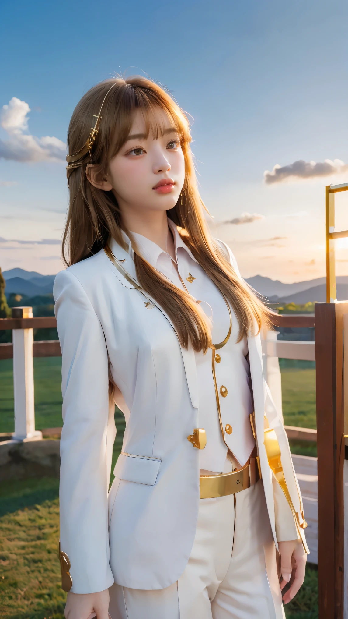 ((masterpiece, best quality, Extremely detailed), Volumetric Lighting, Ambient Occlusion, rich and colorful, Luminescence), 1 Girl, Solitary, Young Girls, (Chestnut bangs), Long hair, Halo, Halo, sacred, goddess, Priesthood, (White suit with gold details:1.3), armor, outdoor, Sunset, Sky, cloud, space, (Fantasy theme:1.2),