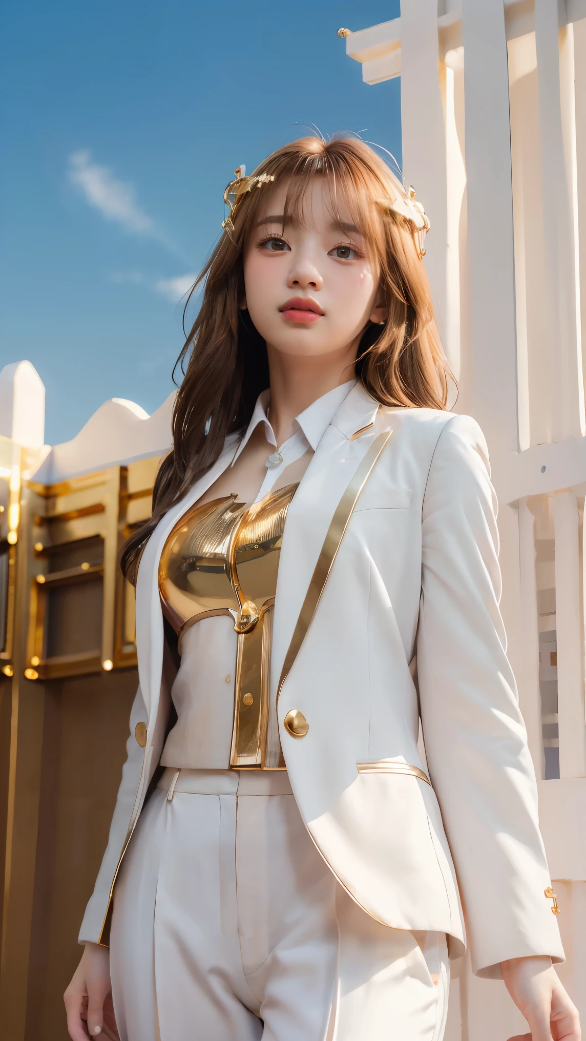 ((masterpiece, best quality, Extremely detailed), Volumetric Lighting, Ambient Occlusion, rich and colorful, Luminescence), 1 Girl, Solitary, Young Girls, (Chestnut bangs), Long hair, Halo, Halo, sacred, goddess, Priesthood, (White suit with gold details:1.3), armor, outdoor, Sunset, Sky, cloud, space, (Fantasy theme:1.2),