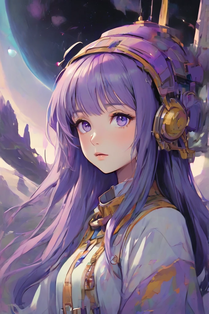 ((best quality)), ((masterpiece)), (detailed), perfect anime waifu girl face, her name is Lovelot, she has long straight purple hair, she wears a white tunic with a series of shapes printed on it that look like code, her skin is brown, her eyes are purple, she's cute but tough, she flies a pod spaceship that is parked next to her, she has just landed on a strange planet with pyramid shaped mountains, strange brutalist style architecture, surreal, art nouveau, in the illustrative style of moebius, spaceships, fantasy, sci-fi, graphic novel, line drawing, french retro, 60s psychedelic, trippy, hippy, ((purple, yellow, and light blue)), 