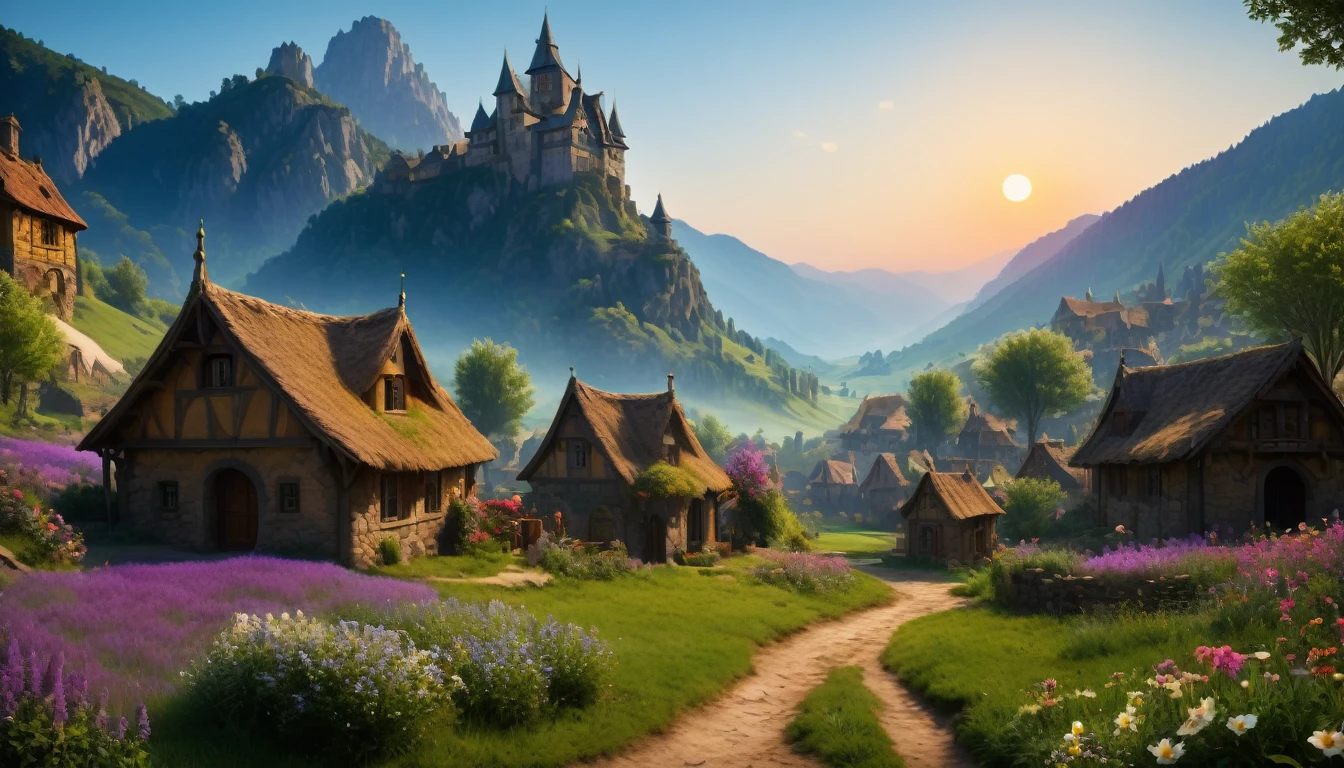 ((masterpiece, hyper realistic,32k,extremely detailed CG unity 8k, best quality, realistic face, solo, canon50, photorealistic, concept art, intricate details, highly detailed, octane render, unreal engine, fantastic-art)) Landscape, (medieval dwarven village in background:1.2), village on the meadow, lavender flowers growing on the meadow, (small village:1.5), mountains in the distance, Sally Mann, HDR, (masterpiece:1.3), at the steampunk world fair, village, analog, caves, (masterpiece:1.2), athletic face, blue butterfly, sky, Vincent Callebaut, (low key), artstation, film grainy, representational, Depth of Field, (Antonio Moro), color, soft lighting, side view:1, by Greg Rutkowski, ((medieval village:1.5)), ((meadow:1.5), vikingpunkai village:0.2, (majestic mountain:1.5), ((flowers:1.5)) ((dawn:2)), fire light through the window, River though town