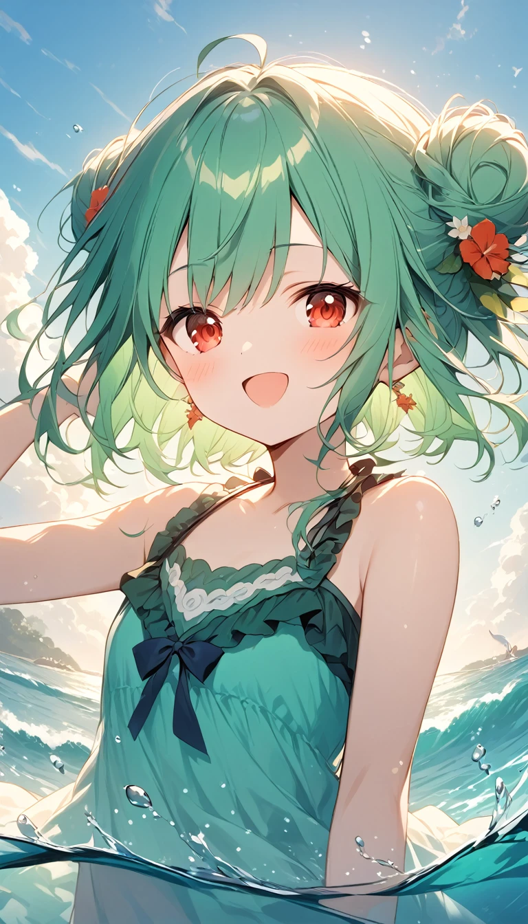 (((Young Girl)))、(( 1 girl)),( Red Eyes),（Short stature）,(( emerald green hair ))、( bun hair )、Young appearance、(( swimsuit))、In the water、One side of the sea、(((Girl ride on the dolphin)))、Vector art、spirit of the wind、Backlight、Bright in backlight、Sun behind、Summer sky、cumulonimbus、Narrowed eyes and a happy look、cheek、The waves splash and the water shines beautifully.