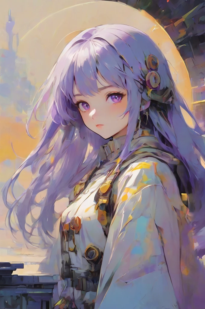 ((best quality)), ((masterpiece)), (detailed), perfect anime waifu girl face, her name is Lovelot, she has long straight purple hair, she wears a white tunic with a series of shapes printed on it that look like code, her skin is brown, her eyes are purple, she's cute but tough, she flies a pod spaceship that is parked next to her, she has just landed on a strange planet with pyramid shaped mountains, strange brutalist style architecture, surreal, art nouveau, in the illustrative style of moebius, spaceships, fantasy, sci-fi, graphic novel, line drawing, french retro, 60s psychedelic, trippy, hippy, ((purple, yellow, and light blue)), 