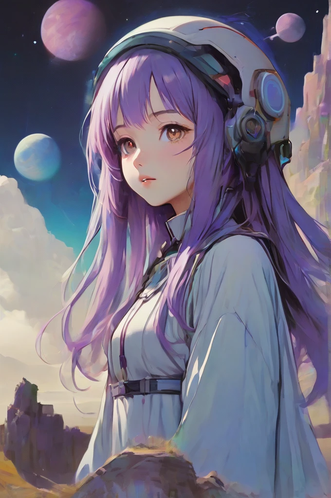 ((best quality)), ((masterpiece)), (detailed), perfect anime waifu girl face, her name is Lovelot, she has long straight purple hair, she wears a white tunic with a series of shapes printed on it that look like code, her skin is brown, her eyes are purple, she's cute but tough, she flies a pod spaceship that is parked next to her, she has just landed on a strange planet with pyramid shaped mountains, strange brutalist style architecture, surreal, art nouveau, in the illustrative style of moebius, spaceships, fantasy, sci-fi, graphic novel, line drawing, french retro, 60s psychedelic, trippy, hippy, ((purple, yellow, and light blue)), 