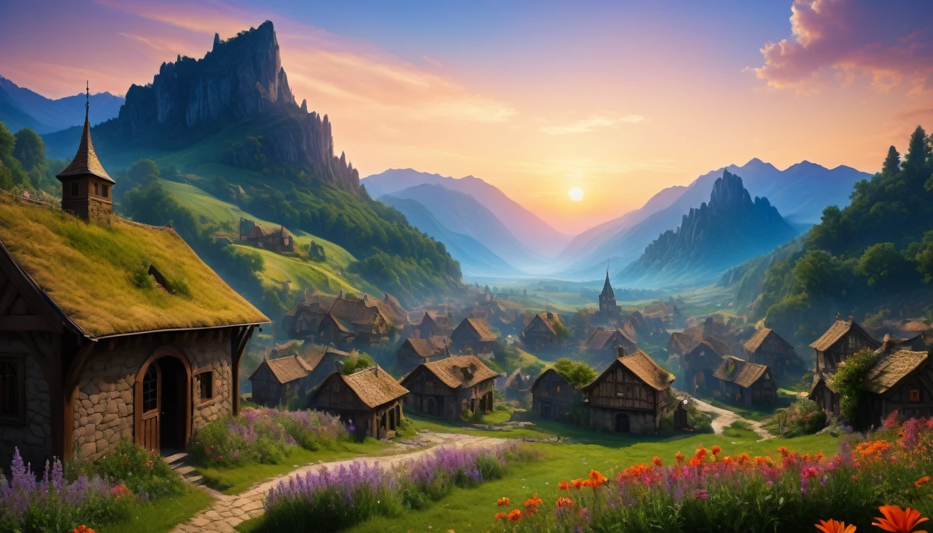 ((masterpiece, hyper realistic,32k,extremely detailed CG unity 8k, best quality, realistic face, solo, canon50, photorealistic, concept art, intricate details, highly detailed, octane render, unreal engine, fantastic-art)) Landscape, (medieval dwarven village in background:1.2), village on the meadow, lavender flowers growing on the meadow, (small village:1.5), mountains in the distance, Sally Mann, HDR, (masterpiece:1.3), at the steampunk world fair, village, analog, caves, (masterpiece:1.2), athletic face, blue butterfly, sky, Vincent Callebaut, (low key), artstation, film grainy, representational, Depth of Field, (Antonio Moro), color, soft lighting, side view:1, by Greg Rutkowski, ((medieval village:1.5)), ((meadow:1.5), vikingpunkai village:0.2, (majestic mountain:1.5), ((flowers:1.5)) ((dawn:2)), fire light through the window, River though town