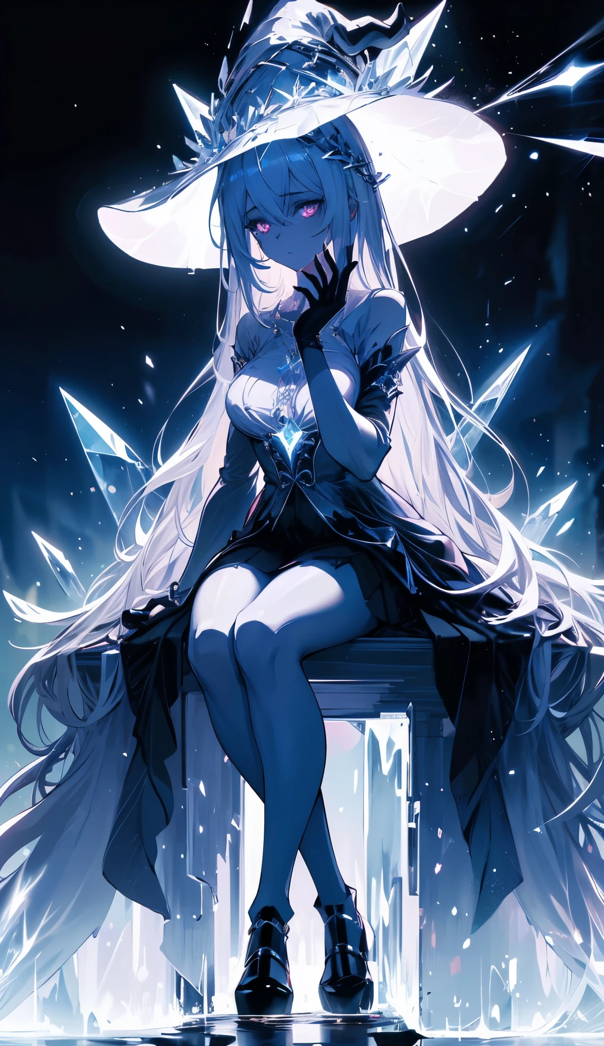 1girl, mature female, masterpiece, mistress, goddess,white witch hat,sitting, full body, long hair, white hair, crystalline details, silhouete shadow, glowing eyes, in the dark