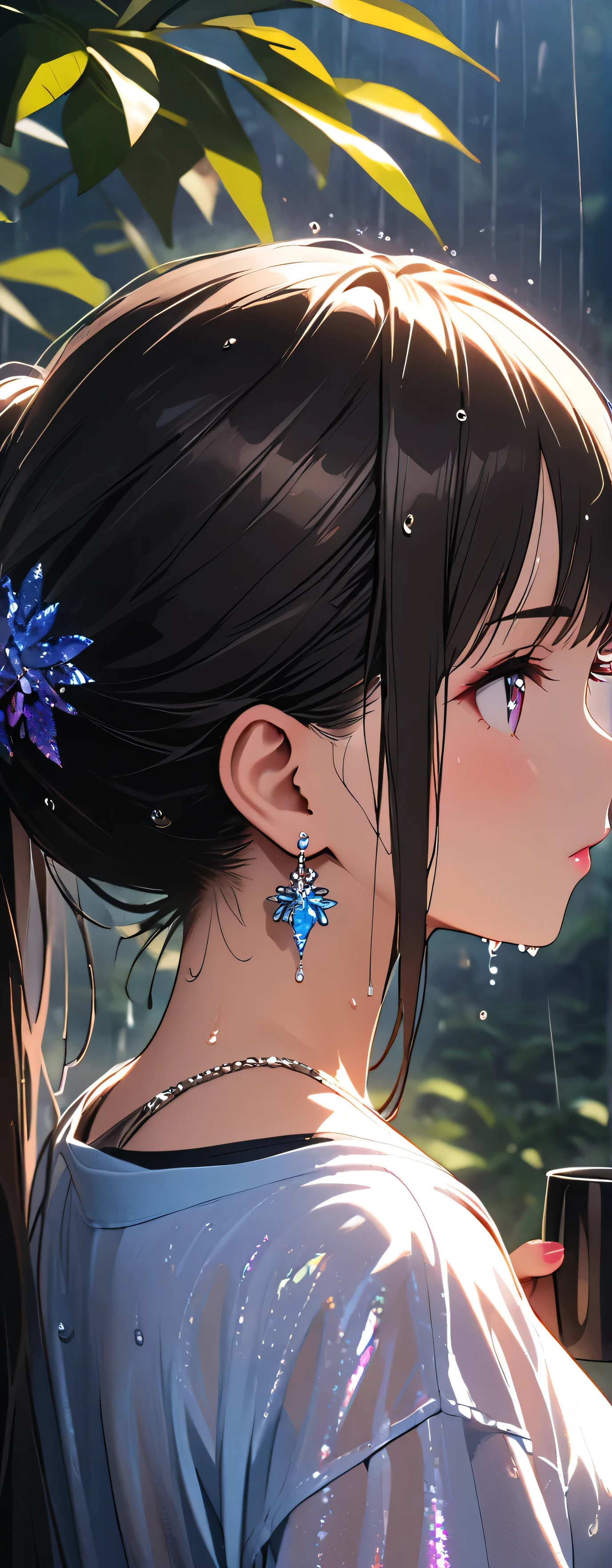 (beautiful girl:1.3),1girl,masterpiece,Highest quality,Ultra-high resolution,rich contrast,super high quality,8k,Highly detailed CG unit wallpaper,texture,Incredibly absurd,Ultra-high resolution,Highest quality anime,professional photograph,an extremely delicate and beautiful,RAW Photos,Depth of Field 1.2, Glowing Skin  ,Glitter Effect, Beautiful Shiny Lips ,rainが滴る葉, Sunlight shining through trees ,rain,Sigh, looks up,(Wet), natural makeup, earrings with cups,gym,20-year-old women,(nape close-up 2.0)