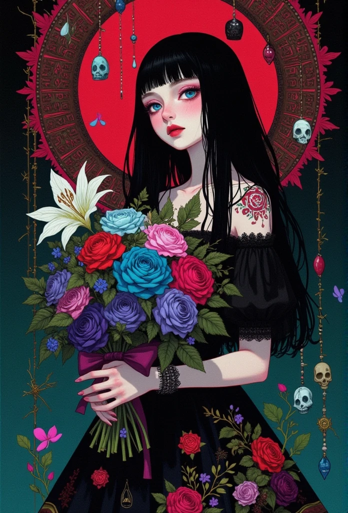 1 Girl,  Art Nouveau, black skirt,  dark hair, black Rose, Blood,  blue eyes, blue Rose, flower束, 茶flower, fork, skirt, flower, holding flower, Lips, Lipstick, Long hair,  look at the audience , cosmetic, moon, flower瓣, pink flower, pink Rose, plant, purple flower, purple Rose, red flower, red Lips, red moon, red Rose, Rose, Rose flower瓣, Rose print, skull,  unique, lily, thorns, flower瓶, white flower, white Rose