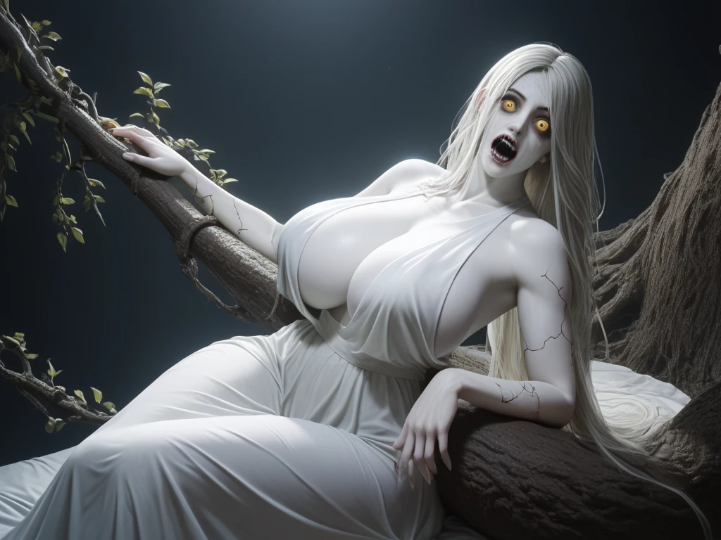 1girl, ghost, scary, tall, horror,  her skin is smooth and Soft , long hair that cover her face, white skin, She is covered by a white sheet . huge breasts,  wide hips,  big butt ,  yellow-eyed ,  Detailed eyes , Really scary, terrifyingly beautiful, (Sitting on a tree branch ), ( masterpiece ), (La mejor calidad),dark and gloomy setting,  dark room,