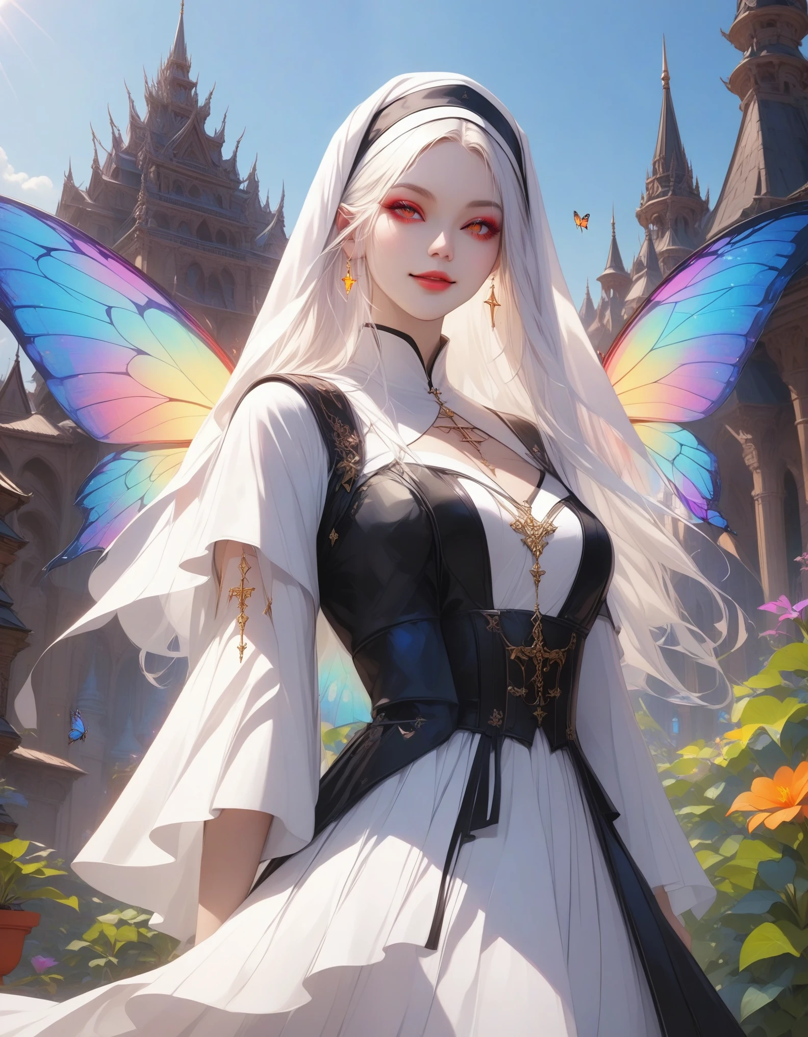 close-up, 1girl, solo, nun, serene smile, (glowing colorful butterfly wings), (exotic flowing habit adorned with runes:1.2), tending a vibrant rooftop garden atop a fantasy monastery, intricate architecture, masterpiece, best quality, very aesthetic, absurdes.
