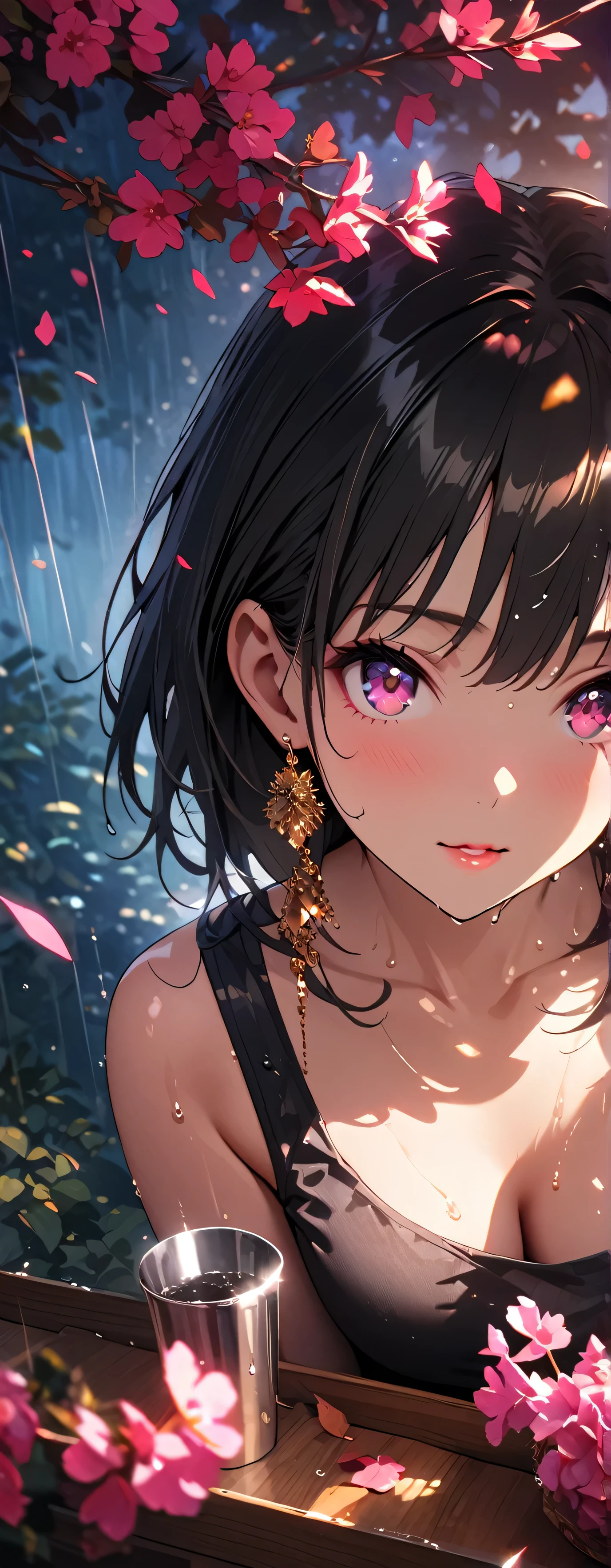 (beautiful girl:1.3),1girl,masterpiece,Highest quality,Ultra-high resolution,rich contrast,super high quality,8k,Highly detailed CG unit wallpaper,texture,Incredibly absurd,Ultra-high resolution,Highest quality anime,professional photograph,an extremely delicate and beautiful,RAW Photos,Depth of Field 1.2, Glowing Skin ,Glitter Effect, Beautiful Shiny Lips ,rainが滴る葉, Sunlight shining through trees ,rain,Sigh, looks up,(Wet), natural makeup, earrings with cups,gym,20-year-old women