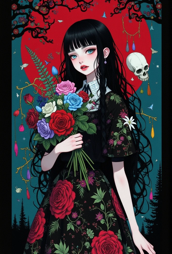 1 Girl,  Art Nouveau, black skirt,  dark hair, black Rose, Blood,  blue eyes, blue Rose, flower束, 茶flower, fork, skirt, flower, holding flower, Lips, Lipstick, Long hair,  look at the audience , cosmetic, moon, flower瓣, pink flower, pink Rose, plant, purple flower, purple Rose, red flower, red Lips, red moon, red Rose, Rose, Rose flower瓣, Rose print, skull,  unique, lily, thorns, flower瓶, white flower, white Rose