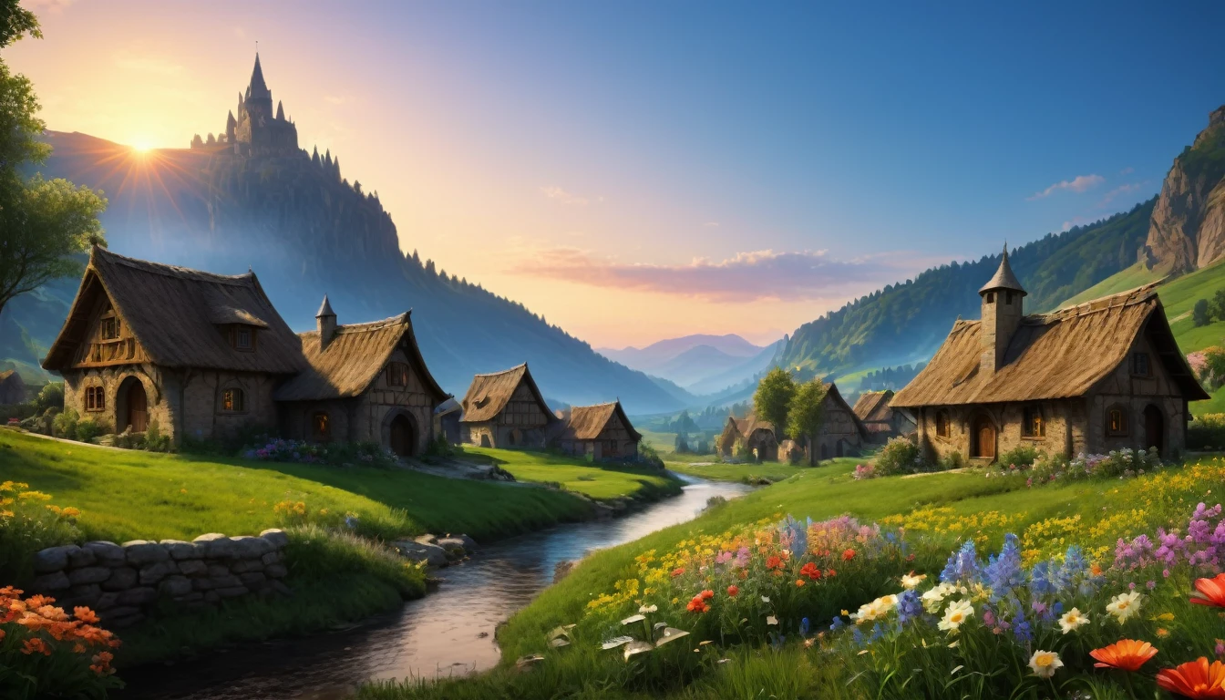 ((masterpiece, hyper realistic,32k,extremely detailed CG unity 8k, best quality, realistic face, solo, canon50, photorealistic, concept art, intricate details, highly detailed, octane render, unreal engine, fantastic-art)) Landscape, (medieval dwarven village in background:1.2), village on the meadow,  (small village:1.5), mountains in the distance, Sally Mann, HDR, (masterpiece:1.3), , village, analog, caves, (masterpiece:1.2), athletic face, blue butterfly, sky, Vincent Callebaut, (low key), artstation, film grainy, representational, Depth of Field, (Antonio Moro), color, soft lighting, side view:1, by Greg Rutkowski, ((medieval village:1.5)), ((meadow:1.5), vikingpunkai village:0.2, (majestic mountain:1.5), ((flowers:1.5)) ((dawn:2)), fire light through the window, River though town, Trees