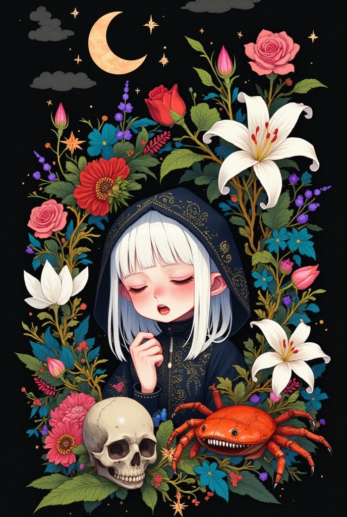 1 Girl, Blood, blush, bushing, 茶flower, With eyes closed, cloud, Crab, crescent moon, fish, flower, hood, leaf, meat, moon,  unmanned, 章fish, Open your mouth, plant, side, red flower, red Rose, Rose, sharp teeth, skull,  unique, lily, teeth, thorns, Tree