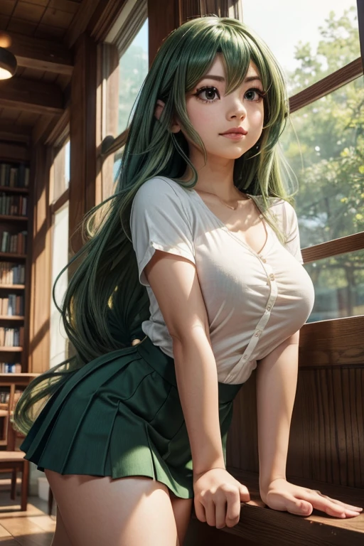 Low-angle perspective, view from below. A fixed 50mm lens to create a natural perspective and subtle depth of field. (Tsuyu, a beautiful young woman leaning against the railing of a library staircase. Soft, warm lighting, vibrant colors, {sunbeams through the windows casting soft shadows}. ((Tsuyu with long green hair and long eyelashes):1.1) ), Large breasts. Look at the viewer; (((we see her))), ((Basic mid-cut shirt)), Under boobs, pleated black miniskirt. Physically based rendering. Subtle, warm shadows should be cast. Highly detailed, showing individual strands of hair, the intricate texture and emotions on the face. Detailed facial features, delicate skin with perfect anatomy. Exceptional Art, Professional Digital Art, Hyperrealistic, Photorealistic Anime, Masterpiece, Best Quality, 8k