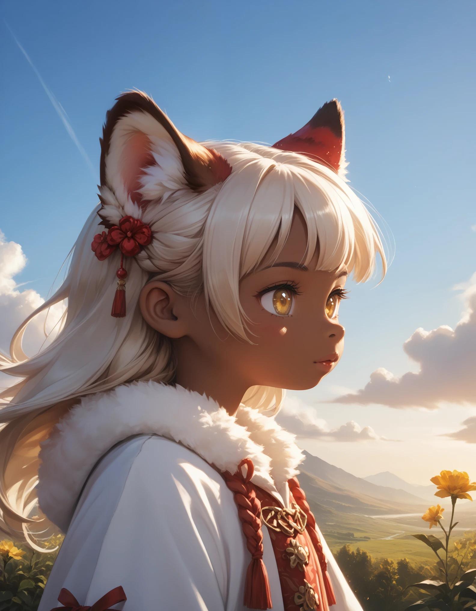 score_9, score_8_up, score_7, score_6_up, rating_safe,, faputa, yellow eyes, (horizontal pupils), brown skin, white fur, red claws, white fluffy tail, three-quarter view, half-length portrait, BREAK, fantasy, morning, plant, sky, cloud, detailed background, foreground, depth of field, ambient silhouette, masterpiece, best quality, light, 