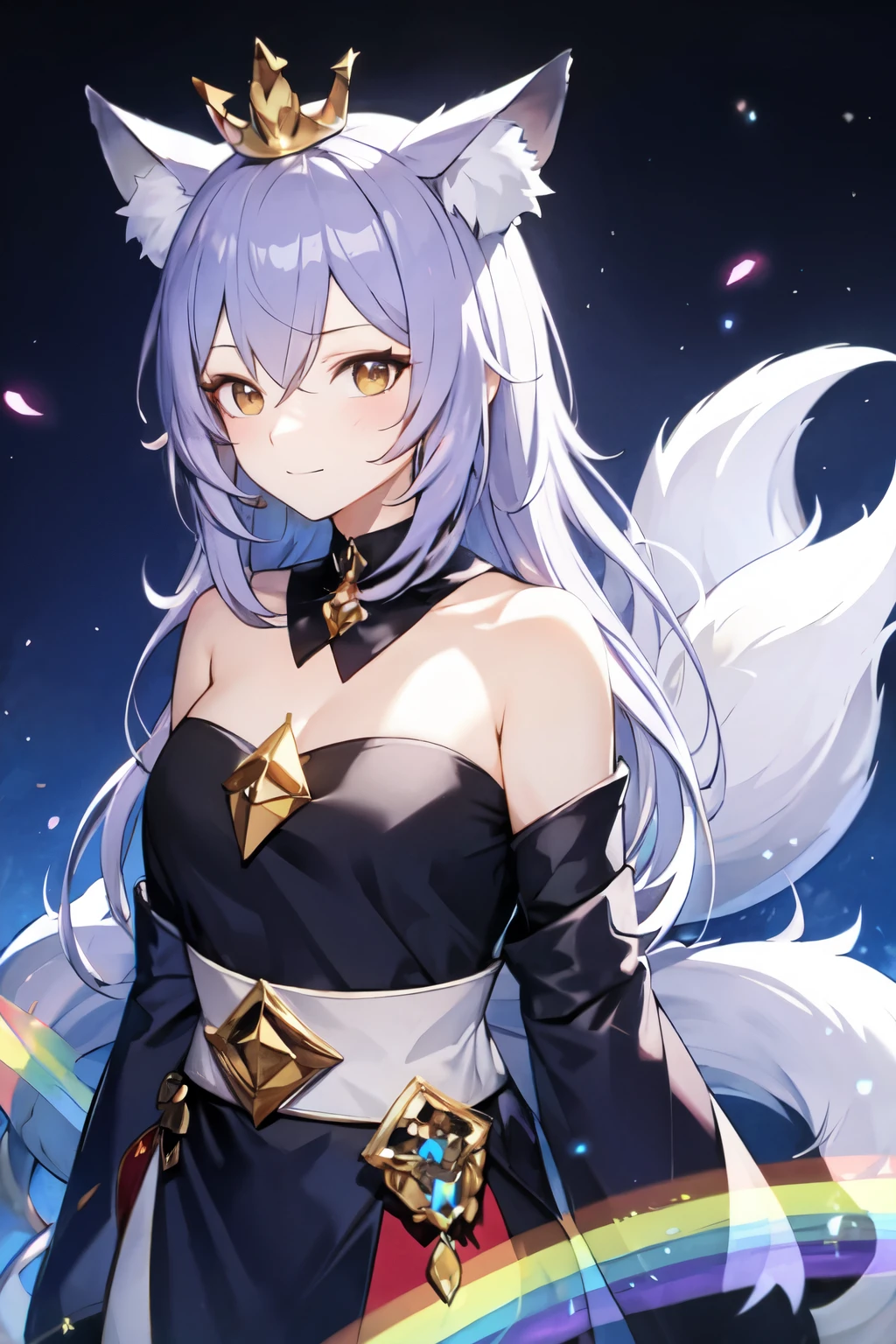 humanoid rainbow colored fox with crystal crown, light purple hair, fox ears, fox tails, and rainbow aura