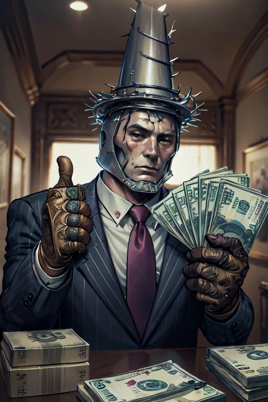 (masterpiece, best quality, 4k, detailed, intricate, realistic),penitentonedef,helmet, stone face, faceless,brown gloves,gangstersb,upper body, money, holding, holding money, thumbs up, suit, jewelry, necktie 