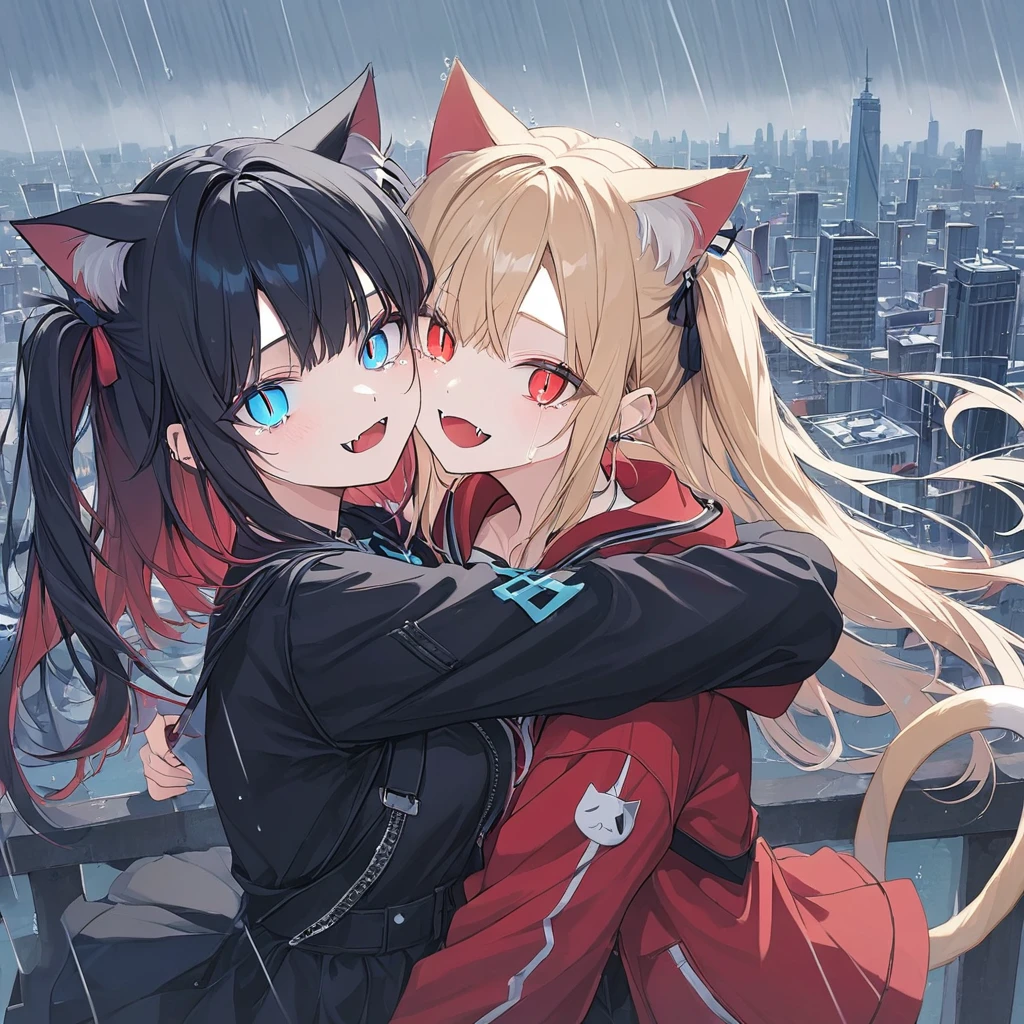 2girls,pastel painting,hugging,cuddling,crying smile,blush,alternative fashion,((1st person,slit pupils,blue eyes,teenage girl,skin fangs,blonde hair,long hair,two-side up,cross bangs,between hair,cat ears and tail)) ,((2nd person,slit pupils,red eyes,black hair,forehead, bangs,long hair,twin-tail (red gradient),medium breast,cat ears and tail)),top quality,high resolution,very detailed,great graphics,city,rain