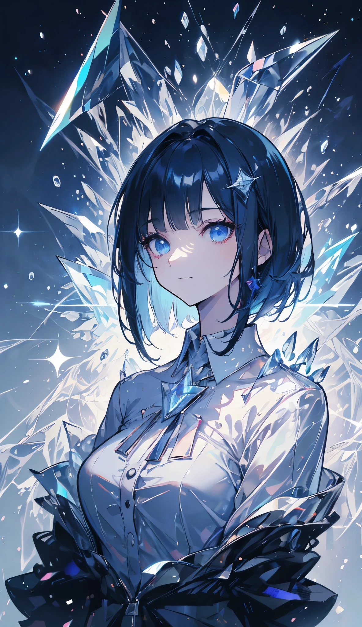(Full body:1) of a young girl, smart casual, hacker's server room, detailed face, ((cool facial expression)), (straight short thin fringe hair:1.2), Crystalline details, ultra detailed photograph, (photorealistic), (intricate details:1),(masterpiece :1), (best quality:1), ultra high res, (detailed eyes), (detailed facial features), HDR, 8k resolution, (lens flare:0.5), light from far behind, (smile, joy)