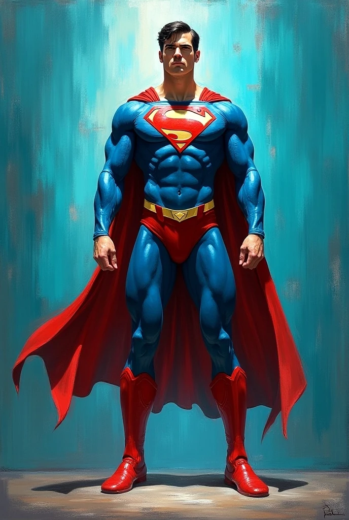 A vibrant high-contrast oil painting, a fantasy concept with vibrant lighting effects & blurred composition, white, dark azure and dark turquoise colors, and vividly vibrant azure accented light reflections on the character, chromatic-yellow & grey with textured brushstrokes and blurred edges. The character is Superman, a handsome, Athletic man. He also wears a classic Superman iconic costume in blue and red colors, red trunk, red boots, yellow belt. character in a classic museum pose, against a stylized turquoise background with dramatic brushstrokes, in a fantasy art style, set on a simple background.