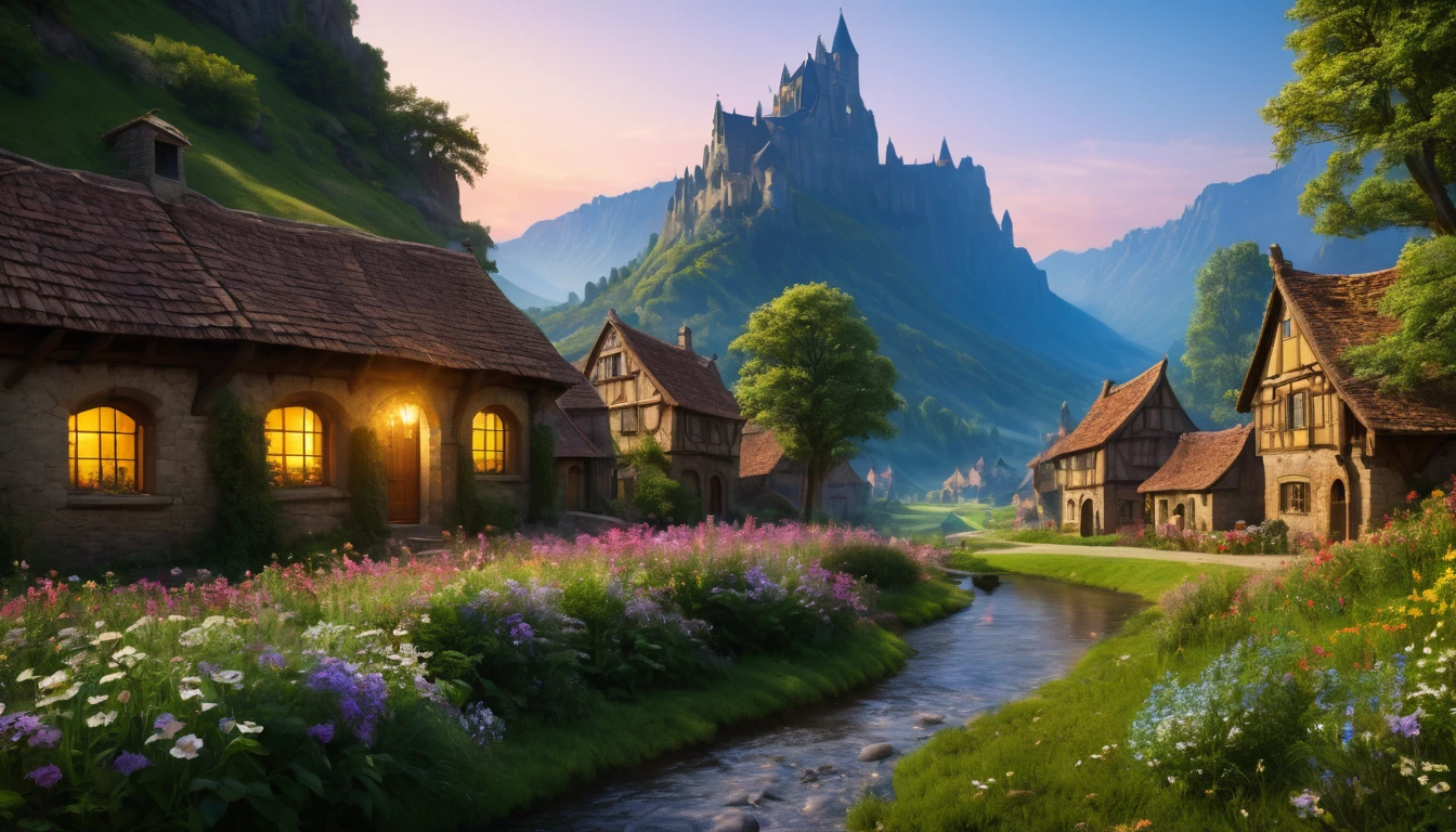 ((masterpiece, hyper realistic,32k,extremely detailed CG unity 8k, best quality, realistic face, solo, canon50, photorealistic, concept art, intricate details, highly detailed, octane render, unreal engine, fantastic-art)) Landscape, (medieval dwarven village in background:1.2), village on the meadow,  (small village:1.5), mountains in the distance, Sally Mann, HDR, (masterpiece:1.3), , village, analog, caves, (masterpiece:1.2), sky, Vincent Callebaut, (low key), artstation, film grainy, representational, Depth of Field, (Antonio Moro), color, soft lighting, side view:1, by Greg Rutkowski, ((medieval village:1.5)), ((meadow:1.5), vikingpunkai village:0.2, (majestic mountain:1.5), ((flowers:1.5)) ((dawn:2)), fire light through the window, River though town, Trees