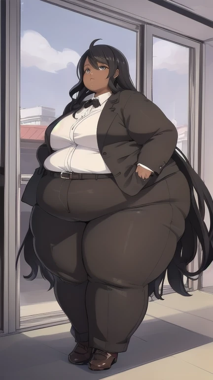 makima, braided ponytail, ringed eyes, formal, black jacket, white shirt, black necktie, black pants, mature female, milf, motherly, wide hips, massive thighs, gigantic breasts, plump, big round breasts, big ass, obese, pot belly