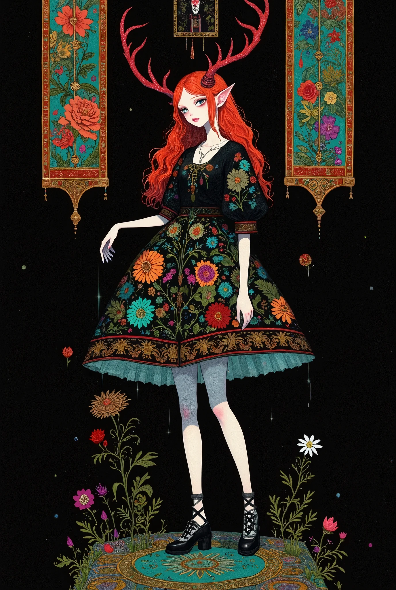 (masterpiece,  best quality ,  detailed, Flat Color), (black), industry,  high contrast , (Rococo), painting, Ominous BREAK ( unique), (Dryad), Floral skirt, (fl0r4l_1), f lola dress, Blood,  look at the audience , (Flowers), 