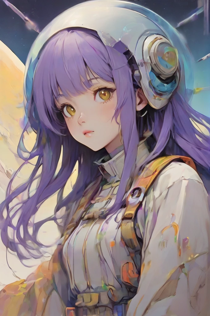 ((best quality)), ((masterpiece)), (detailed), perfect anime waifu girl face, her name is Lovelot, she has long straight purple hair, she wears a white tunic with a series of shapes printed on it that look like code, her skin is brown, her eyes are purple, she's cute but tough, she flies a pod spaceship that is parked next to her, she has just landed on a strange planet, strange brutalist style architecture, surreal, art nouveau, in the illustrative style of moebius, spaceships, fantasy, sci-fi, graphic novel, line drawing, french retro, 60s psychedelic, trippy, hippy, ((purple, yellow, and light blue)), 