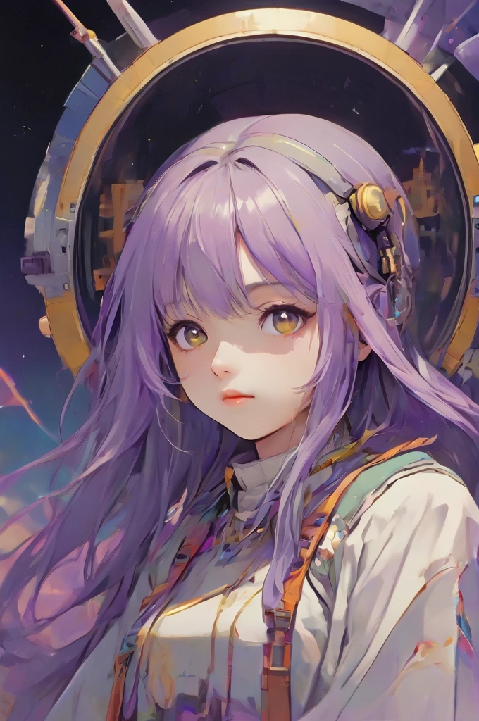 ((best quality)), ((masterpiece)), (detailed), perfect anime waifu girl face, her name is Lovelot, she has long straight purple hair, she wears a white tunic with a series of shapes printed on it that look like code, her skin is brown, her eyes are purple, she's cute but tough, she flies a pod spaceship that is parked next to her, she has just landed on a strange planet, strange brutalist style architecture, surreal, art nouveau, in the illustrative style of moebius, spaceships, fantasy, sci-fi, graphic novel, line drawing, french retro, 60s psychedelic, trippy, hippy, ((purple, yellow, and light blue)), 