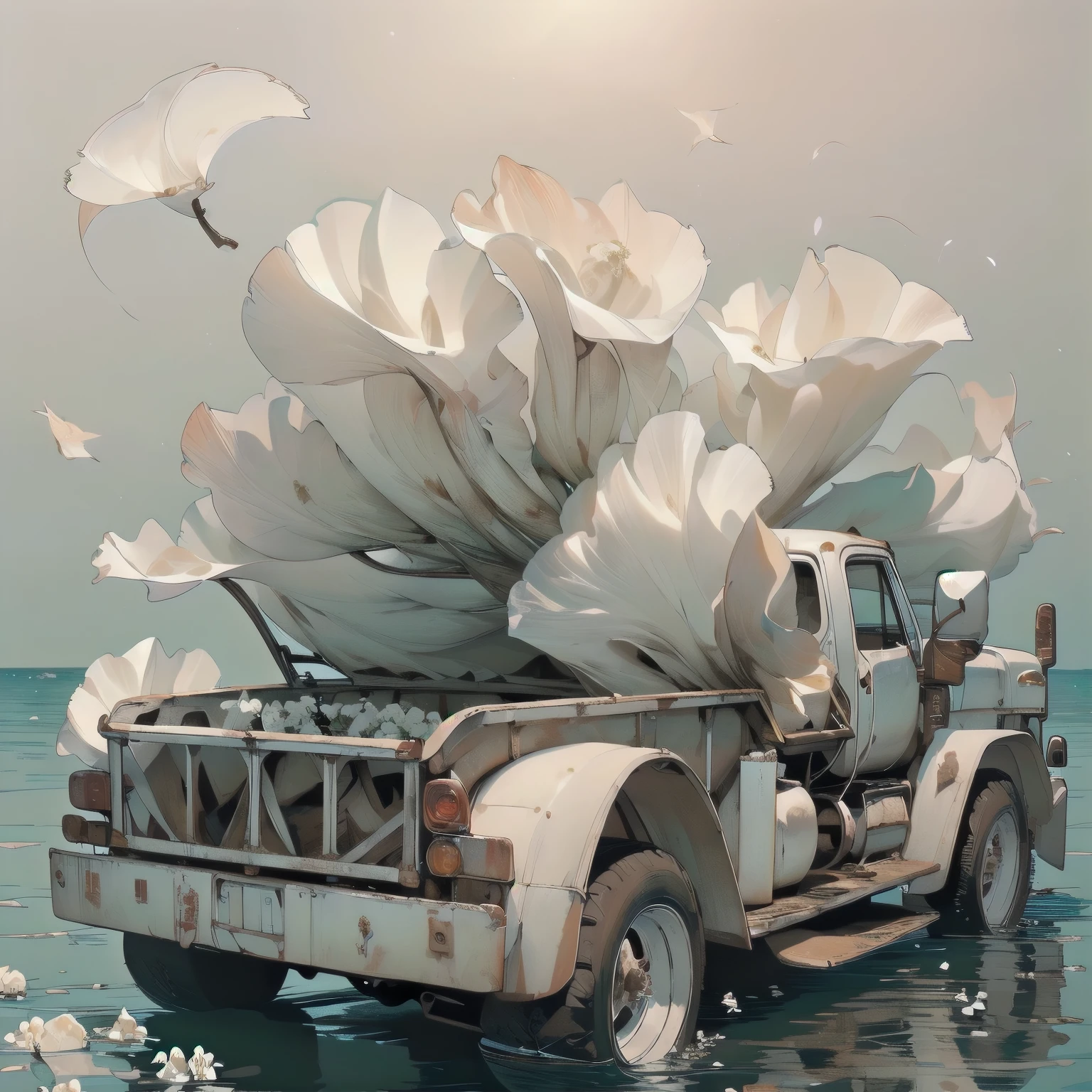 (((Masterpiece, top quality))), (((32K wallpaper))), ultra high resolution, gorgeous light leak, (((backlit))), highly detailed background, (((no humans))), highly transparent river, (((extremely detailed rusty heavy truck with many white flowers)),  (((( very dull color )))), (((( white flowers in the water))), (((White petals fly)))