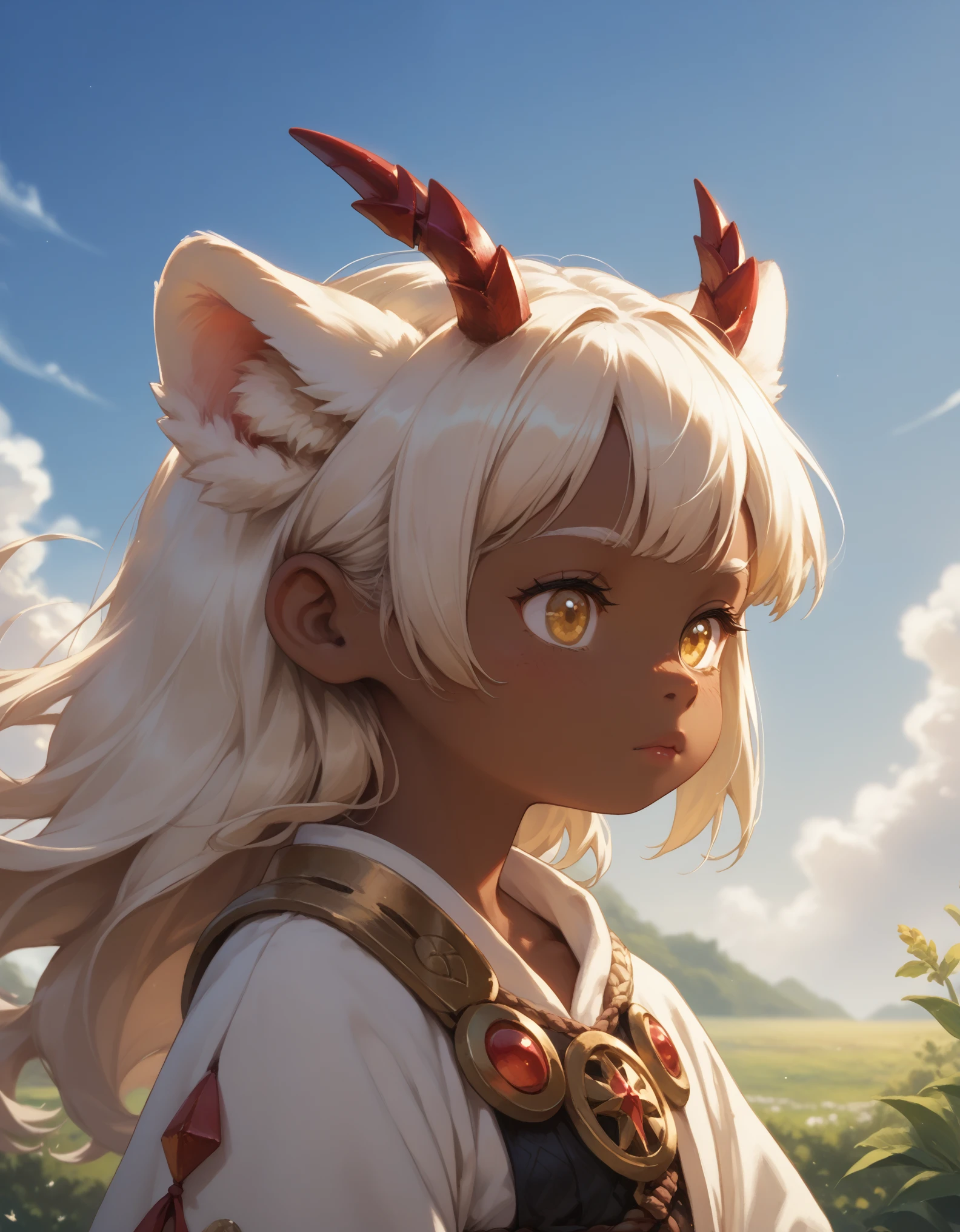 score_9, score_8_up, score_7, score_6_up, rating_safe,, faputa, yellow eyes, (horizontal pupils), brown skin, white fur, red claws, white fluffy tail, three-quarter view, half-length portrait, BREAK, fantasy, morning, plant, sky, cloud, detailed background, foreground, depth of field, ambient silhouette, masterpiece, best quality, light, 