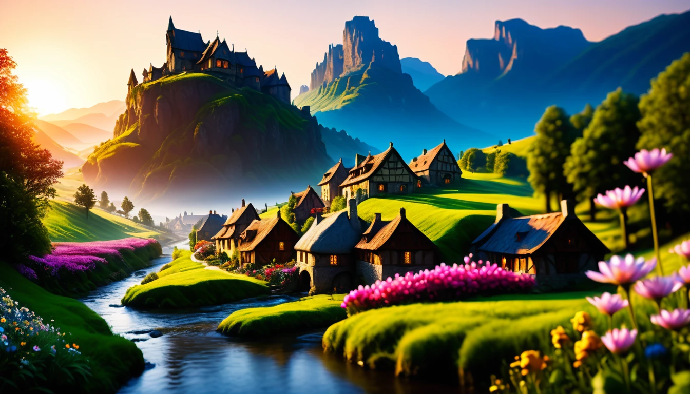 ((masterpiece, hyper realistic,32k,extremely detailed CG unity 8k, best quality, realistic face, solo, canon50, photorealistic, concept art, intricate details, highly detailed, octane render, unreal engine, fantastic-art)) Landscape, (medieval dwarven village in background:1.2), village on the meadow,  (small village:1.5), mountains in the distance, Sally Mann, HDR, (masterpiece:1.3), , village, analog, caves, (masterpiece:1.2), sky, Vincent Callebaut, (low key), artstation, film grainy, representational, Depth of Field, (Antonio Moro), color, soft lighting, side view:1, by Greg Rutkowski, ((medieval village:1.5)), ((meadow:1.5), vikingpunkai village:0.2, (majestic mountain:1.5), ((flowers:1.5)) ((dawn:2)), fire light through the window, River though town, Trees