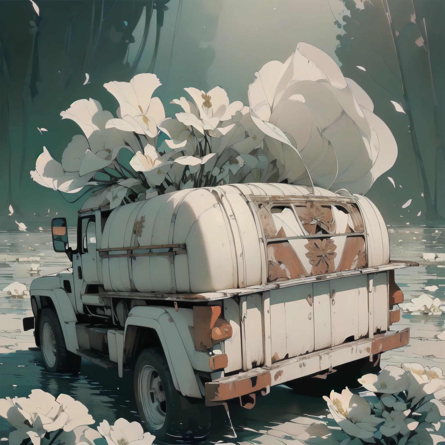 (((Masterpiece, top quality))), (((32K wallpaper))), ultra high resolution, gorgeous light leak, (((backlit))), highly detailed background, (((no humans))), highly transparent river, (((extremely detailed rusty heavy truck with many white flowers)),  (((( very dull color )))), (((( white flowers in the water))), (((White petals fly)))